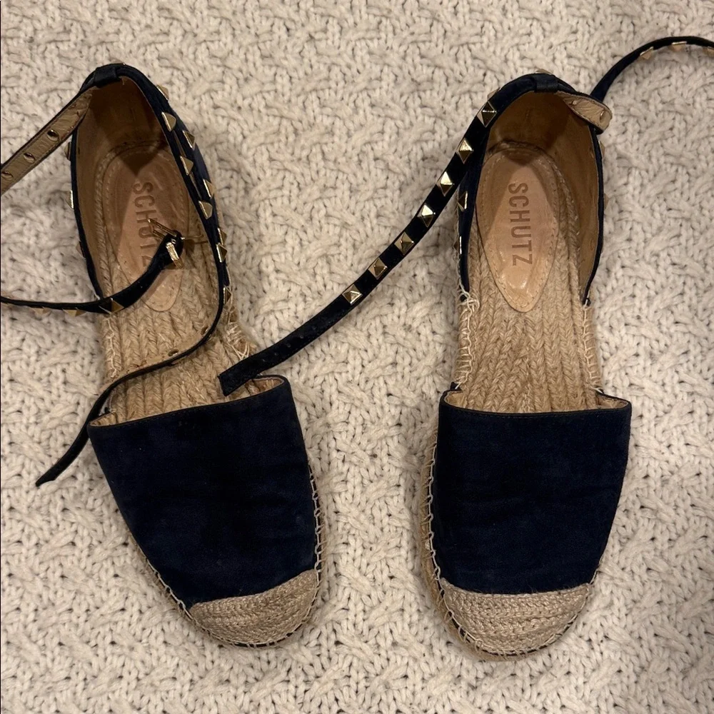 SCHUTZ Dark Blue Suede Espadrille Flats with Studded Straps US 6/5 or 7